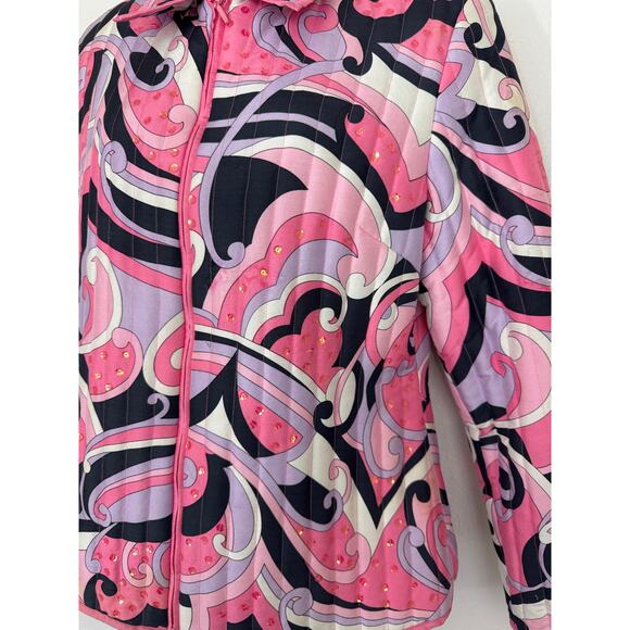Anne Carson Silk Quilted Jacket Pink Abstract Print Sequin Detail Size L - Picture 2 of 8